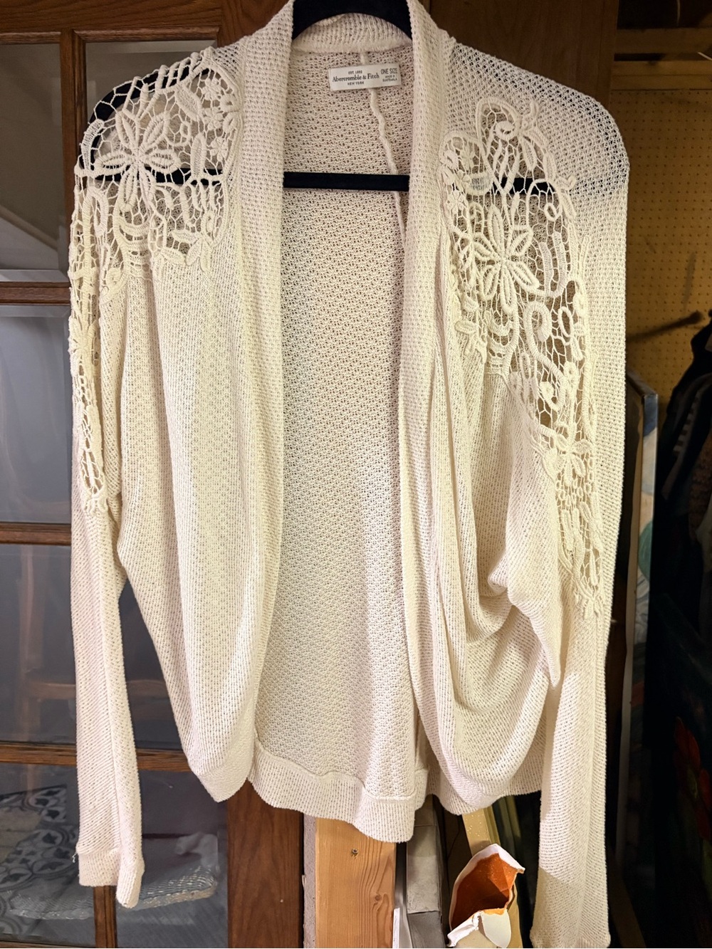 Abercrombie & Fitch Cream Open-Front Crochet-Shoulder Cardigan
